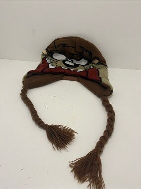 Vintage Looney Tunes Taz Trapper Hat Ear Flaps Braided Tassels Brown One Size